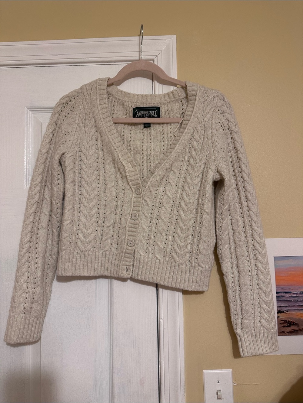 American Eagle Outfitters Ivory Cable Knit Button-Up Cardigan